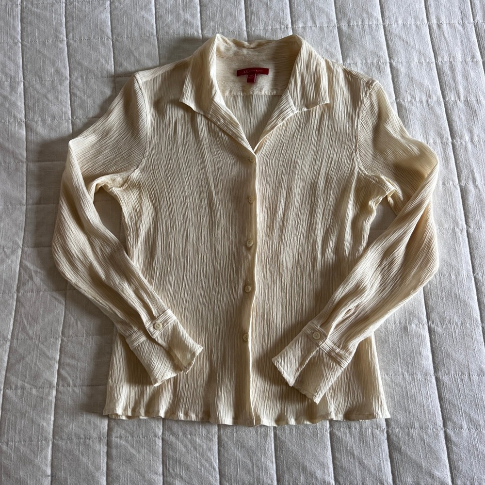 Anne Klein 100% Silk Crinkle Blouse Cream Y2K 90s Luxury Button Down